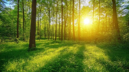 Obraz premium Sunlit Forest: A Serene Landscape of Green Trees and Grassy Glade