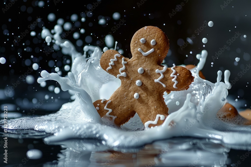 Poster gingerbread man cookie splashing into creamy milk, creating a dynamic splash on a black background