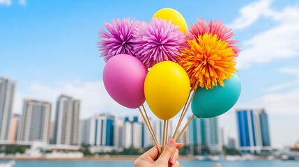 Colorful Paper Pom Poms and Pastel Balloons Against Cityscape