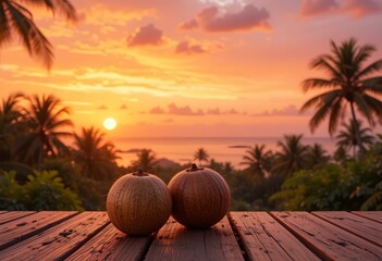 Coconuts at Sunset Tropical Paradise, Exotic Travel Vacation, Golden Hour Relaxation