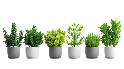 Fototapeta premium Collection of various indoor plants in decorative pots arranged in a row against a plain background