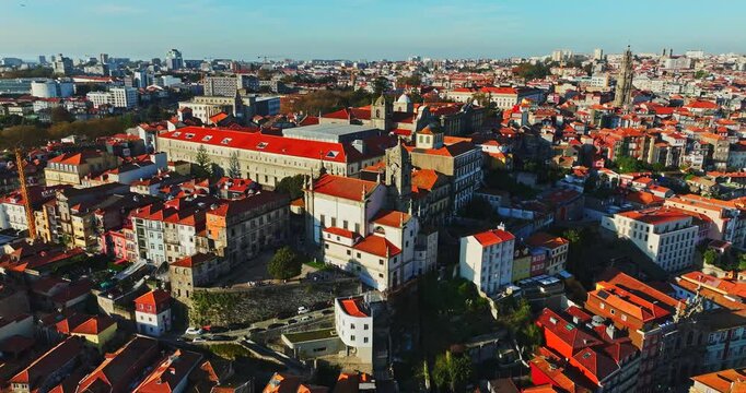 Narrow Streets Historic Cathedrals Architecture Old Town Porto Aerial Sunset Orbit Igreja Paroquial De Nossa Senhora Da Vitoria