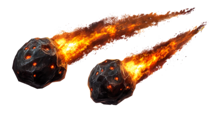 Asteroid bundle of three burning meteors with a fire tail, isolated on a white background