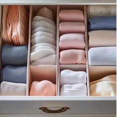 Pastel colored clothes perfectly folded and organized in drawer dividers promoting tidiness and order in the house