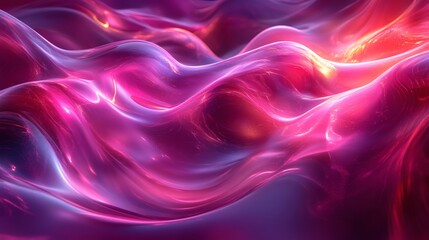 Fototapeta premium Magentatoned abstract 3D background dynamic wavy glass shapes and neon wave elements forming a visually striking art design