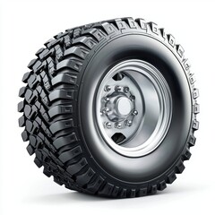 Obraz premium heavy-duty truck wheel with rugged tread and a shiny silver hubcap, placed on a clean white background