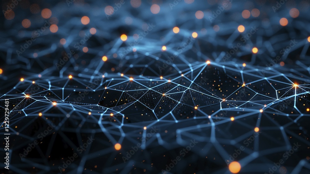 Poster abstract digital network with glowing orange and blue lights and interconnected grid patterns, ai ge