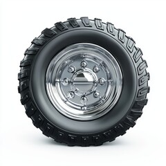 Fototapeta premium heavy-duty truck wheel with rugged tread and a shiny silver hubcap, placed on a clean white background