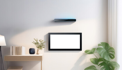 Obraz premium Blank screen on the wall of a smart home. Control panel in a living room. Mock-up white display