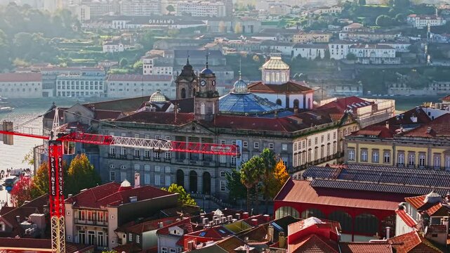 Cinematic Pan Transition Narrow Perspective Palacio Da Bolsa Porto Portugal Aerial Transition Cityscape