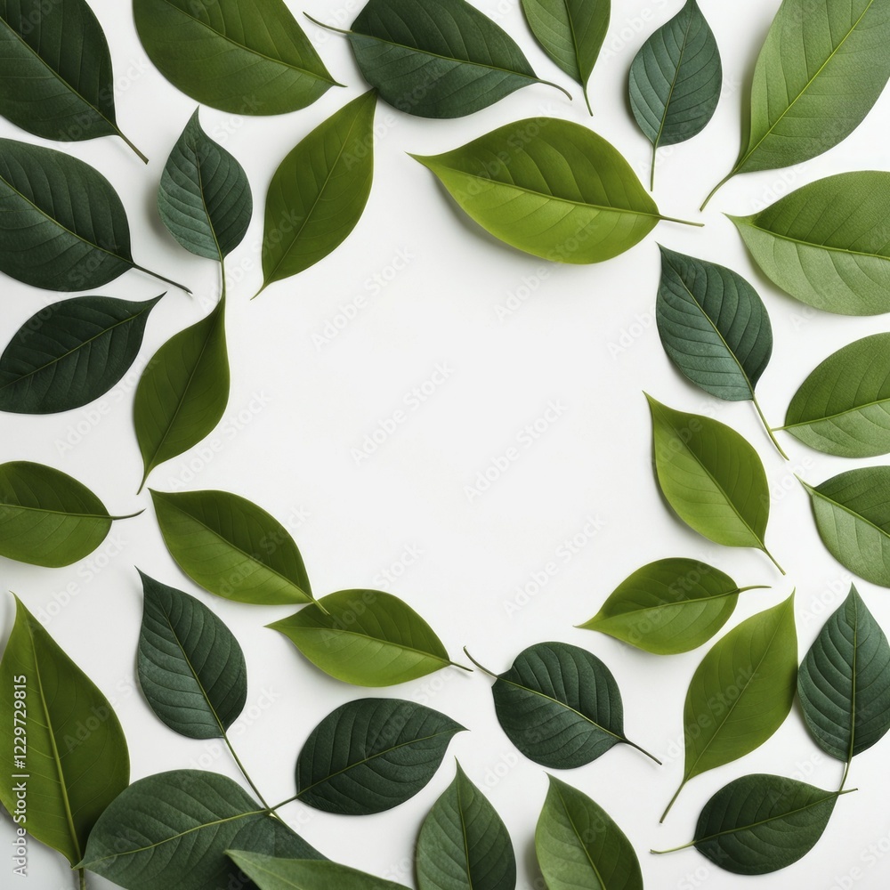 Poster green leaves arranged in a circular pattern on a white background, creating a fresh and simple look,