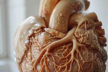 Close-up of an anatomical model of a human heart, showcasing veins and chambers.