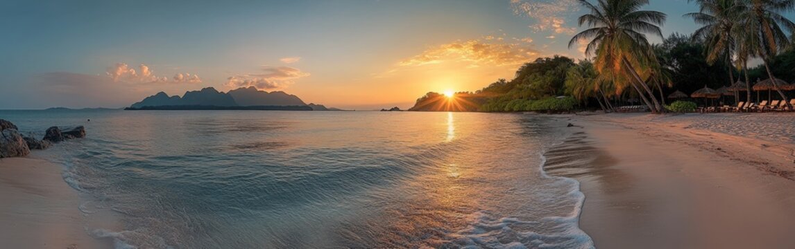 A scenic tropical beach with palm trees and golden hour lighting, showcasing tranquility and beauty. Ideal for travel or vacation themes.