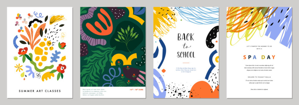 Abstract art templates in bold contemporary style. For poster, greeting and business card, invitation, flyer, banner, brochure, email header, post in social networks, events and page cover.