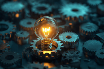 An illustration of a lightbulb surrounded by gears, representing the innovation and ideation process inherent in business development