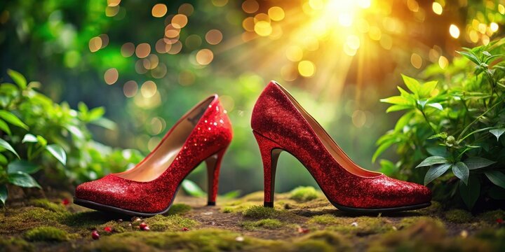 Glittering ruby red high-heeled shoes sit atop a lush green foliage backdrop, surrounded by soft focus and warm lighting effects , footwear, emerald green