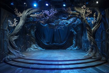 Empty theater stage featuring gnarled trees, blooming branches, and a draped backdrop, creating a magical atmosphere