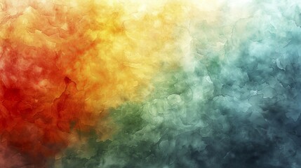 Obraz premium Abstract watercolor painting with a gradient blend from warm reds and oranges to cool blues and greens, featuring a textured appearance, AI generated