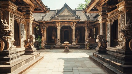 Naklejka premium Ornately Carved Temple Courtyard Featuring Intricate Wooden Columns and Detailed Statues