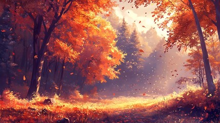 autumn leaves on forest floor with sunlight