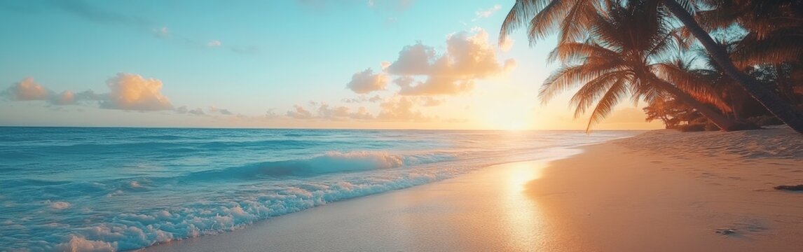 A scenic tropical beach with palm trees and golden hour lighting, showcasing tranquility and beauty. Ideal for travel or vacation themes.