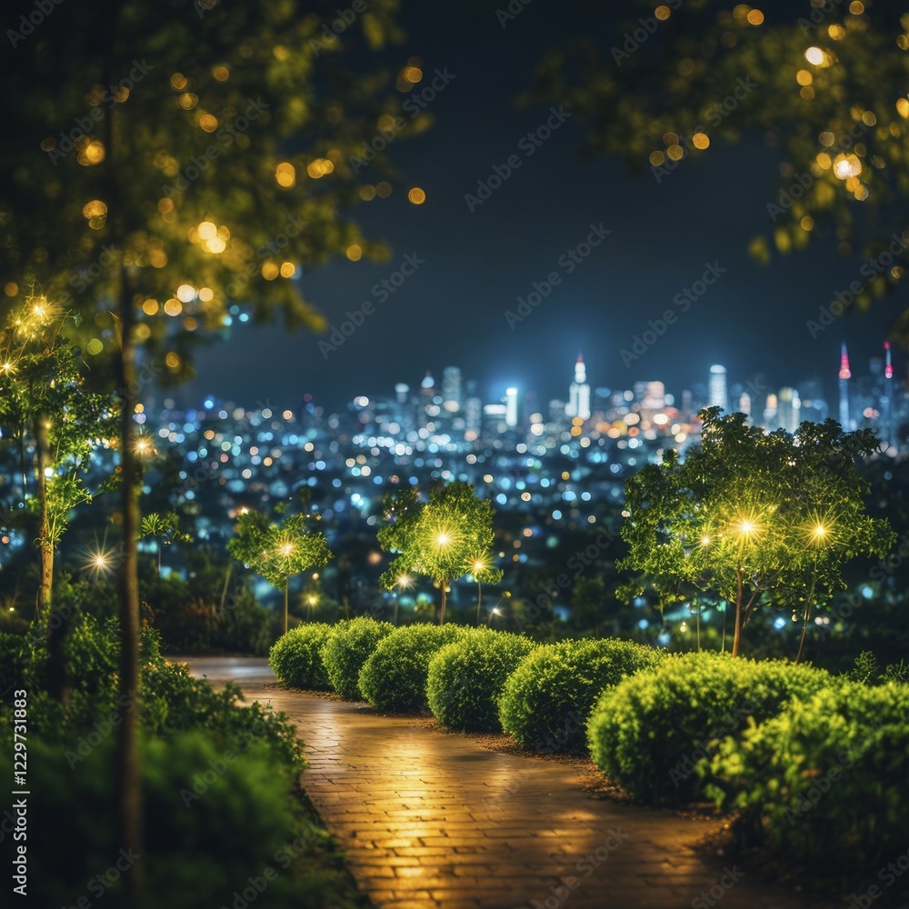 Poster illuminated path flanked by bushes and trees with glowing lights, overlooking a cityscape at night, 