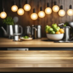 Modern kitchen with hanging lights and wooden countertop, adorned with fresh vegetables and a cozy atmosphere, AI generated