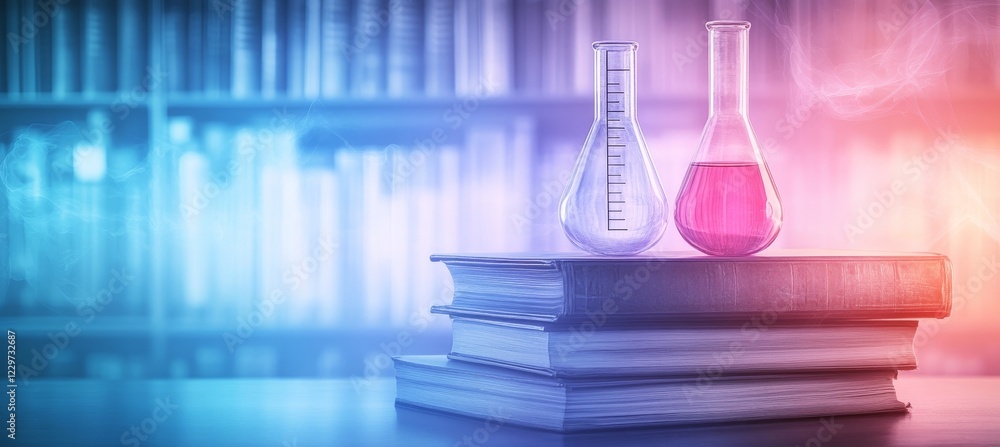 Poster scientific discovery and knowledge flasks on stack of books in a pastel-hued library setting