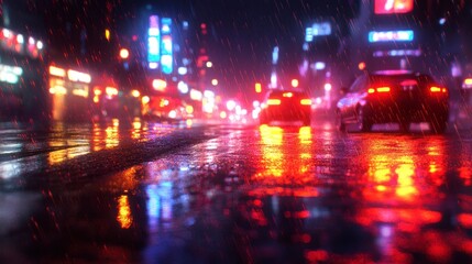 Fototapeta premium 3D Rendering of Wet Asphalt Street Illuminated by Neon Lights in a Rainy Urban Night Scene
