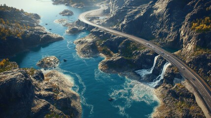 Scenic coastal highway, winding road, autumn foliage, waterfall, travel
