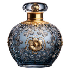 Elegant Blue Glass Perfume Bottle with Gold Accents and Floral Design Luxury Fragrance