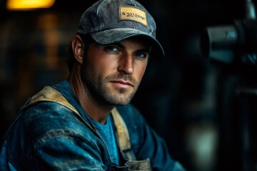 Focused worker in industrial setting wearing cap