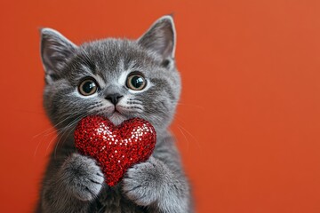 Commercial conceptual art. Cute chartreux baby feline with sparkling rhinestones red heart - sign of love, funny greeting card. Chartreux - my treasured cat. Fluffy pet valentine. Pet in love.