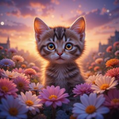 Obraz premium A playful kitten with bright eyes explores a colorful garden filled with blooming daisies as the sun sets, creating a warm and magical atmosphere
