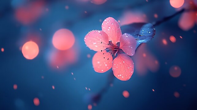 Fototapeta A dramatic view of a blossom-filled orchard at sunset, bathed in warm golden light