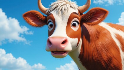 A charming cow with a playful expression stands against a vibrant blue sky