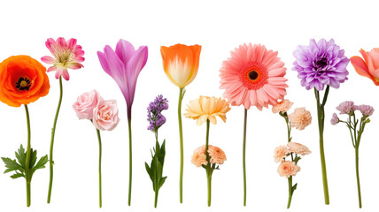 Colorful assortment of flowers displayed in a row with varying shapes and sizes against a white background