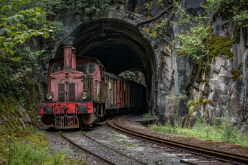 Obraz premium Old steam train exiting a dark tunnel in a rocky forest