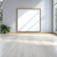 Modern room, large blank canvas, sunlight, minimalist design, mockup
