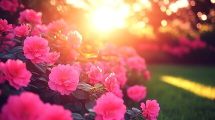 Fototapeta premium A dramatic view of blossoms glowing under a soft golden sunset