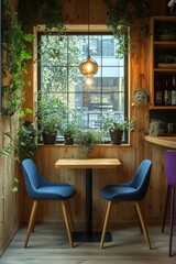 Fototapeta premium Cozy wooden cafe corner with plants, window, and small table.