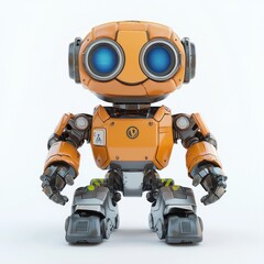 futuristic recycling robot with built-in compartments for sorting trash, smiling warmly, centered on a bright white background