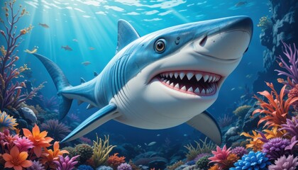 Obraz premium In crystal-clear waters, a vibrant shark swims gracefully among colorful corals and sea life, surrounded by shimmering sunlight filtering from above, creating a breathtaking aquatic landscape