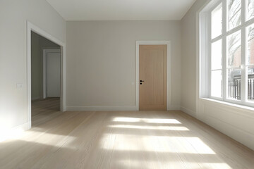 Obraz premium Empty room, sunlight, hardwood floor, city view