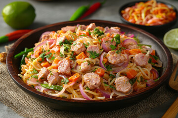 Spicy pasta with meat, vegetables, and red onions.