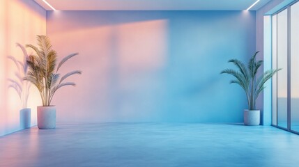 Modern Blue Studio Room with Natural Light and Elegant Backdrop Featuring Potted Plants in a Minimalist Space