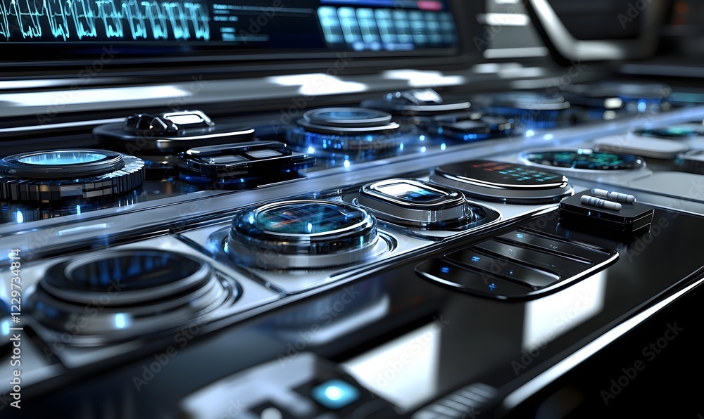 Poster futuristic control panel interface, spaceship bridge, digital display, active buttons, sci-fi backgr