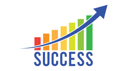 Business success growth chart with arrow and colorful bars agains white or transparent background
