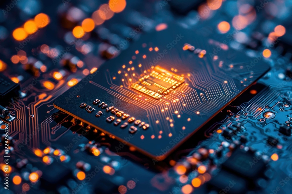 Poster close up of a glowing computer chip on a circuit board, highlighting technology and innovation with 