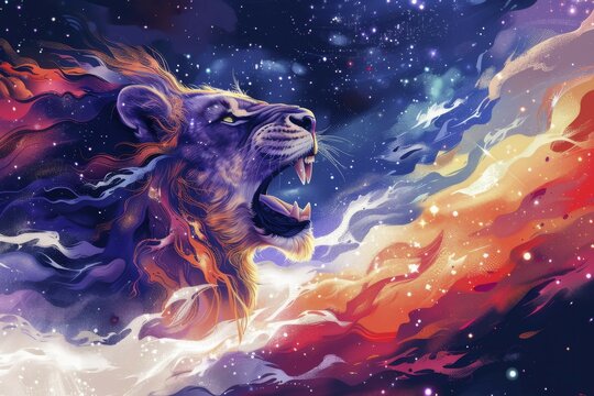 A majestic lion's head emerges from a cosmic landscape with stars, radiating a dynamic and ethereal presence, ai generated, AI generated